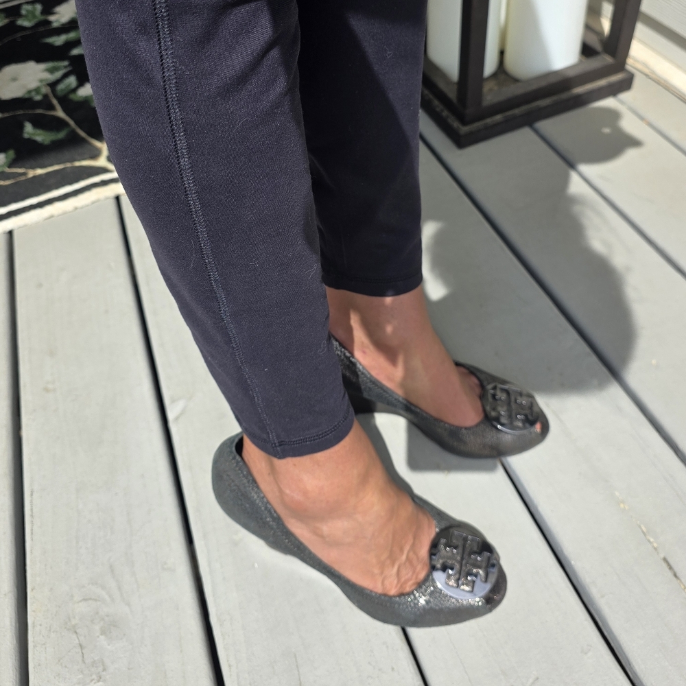 Tory Burch Metallic Gunmetal Peep-Toe Wedge Heels with Logo Emblem